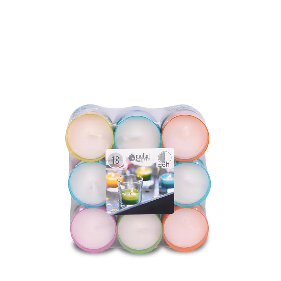 m-ller-kerzen-lichte-6h-clear-cups-farbig-18er-flatpack image 1
