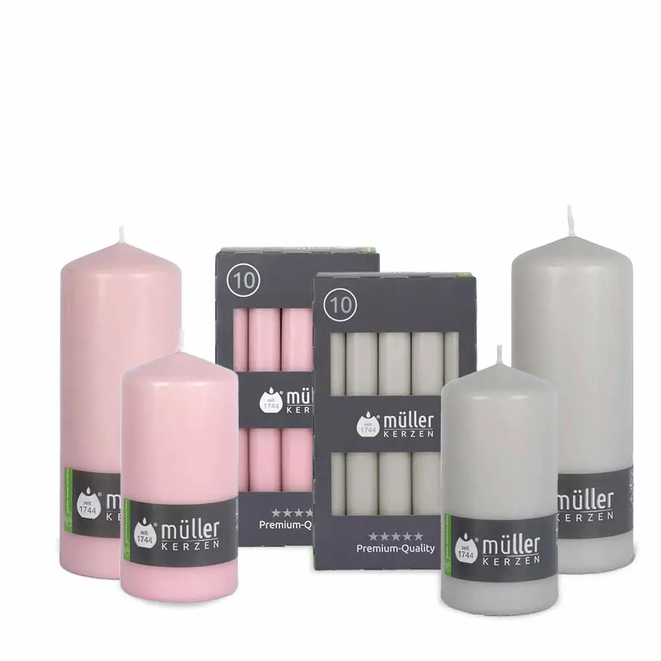 m-ller-kerzen-spitz-und-tafelkerzen-indoor-kerzenset-grau-rosa image 1