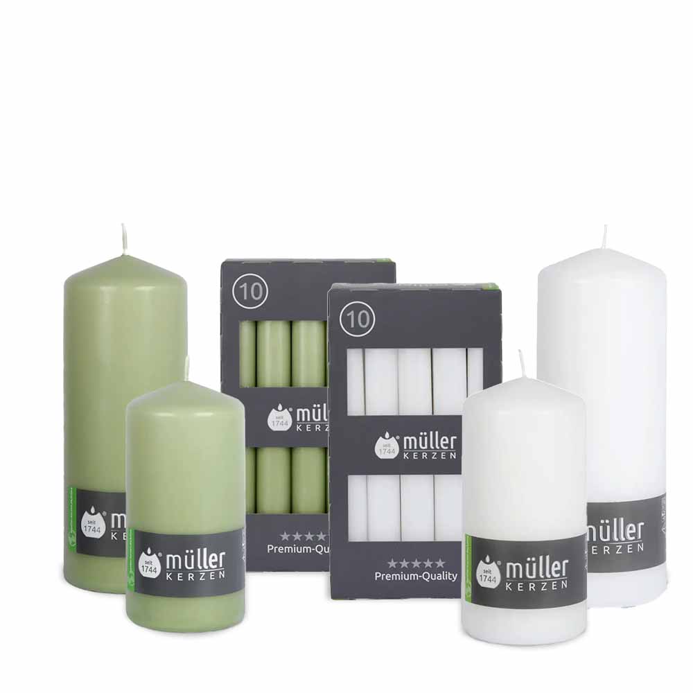 m-ller-kerzen-spitz-und-tafelkerzen-indoor-set-wei-gr-n image 1