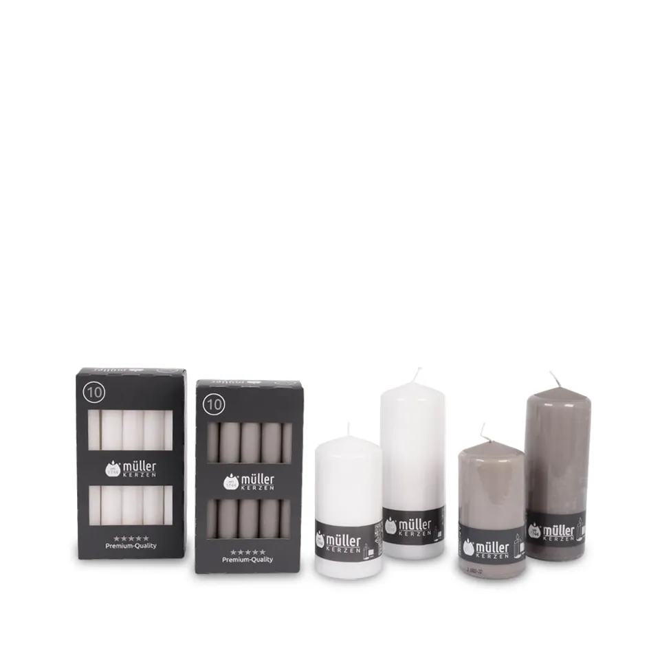 m-ller-kerzen-spitz-und-tafelkerzen-set-schiefer-wei-stabkerzen image 1