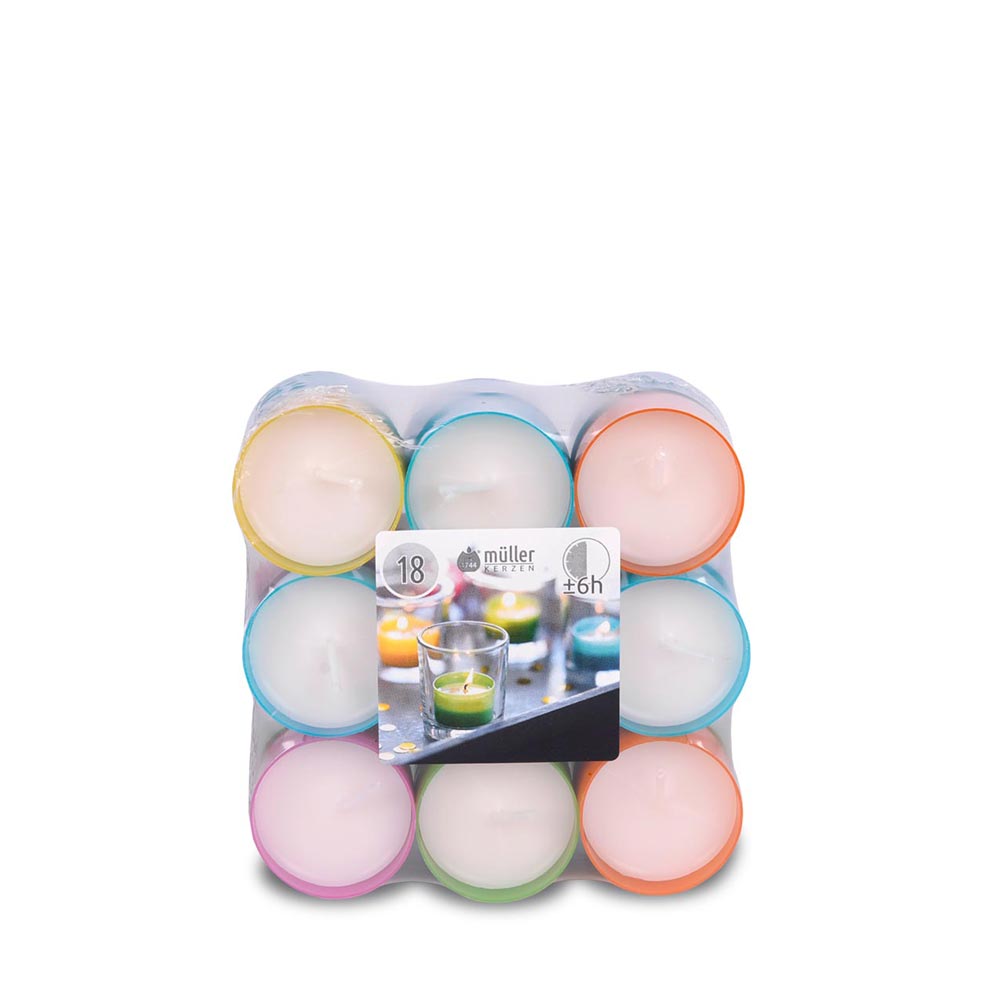 m-ller-kerzen-lichte-6h-clear-cups-farbig-18er-flatpack image 1